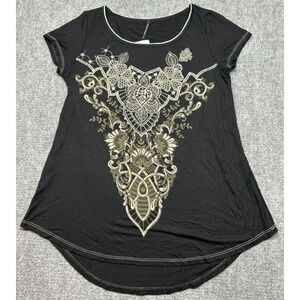 Skinny Minnie Top Blouse Womens L Black Knit Round Neck Short Sleeve Stretch New